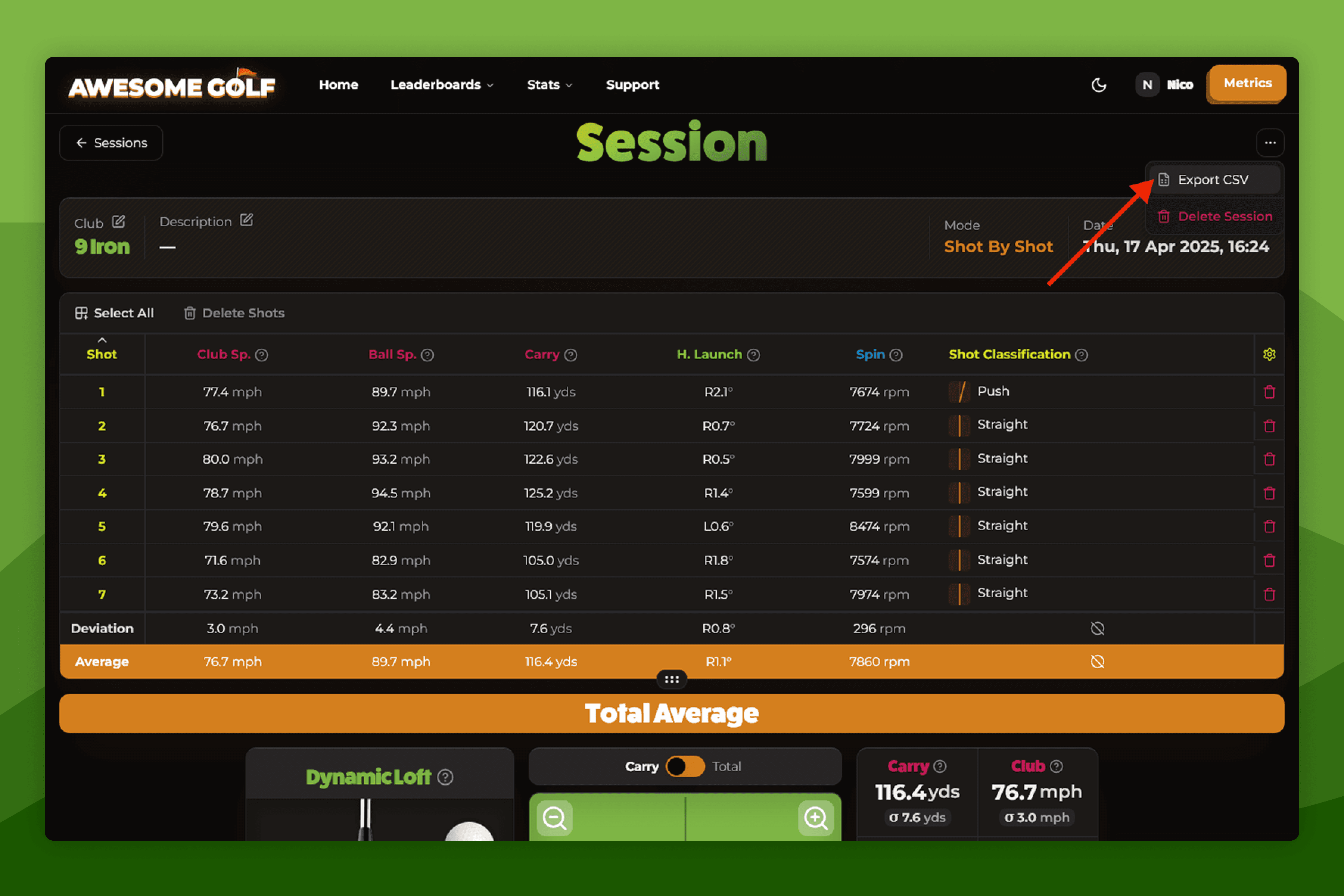 Official Awesome Golf Insights screenshot showing the Export CSV dropdown on a session screen.