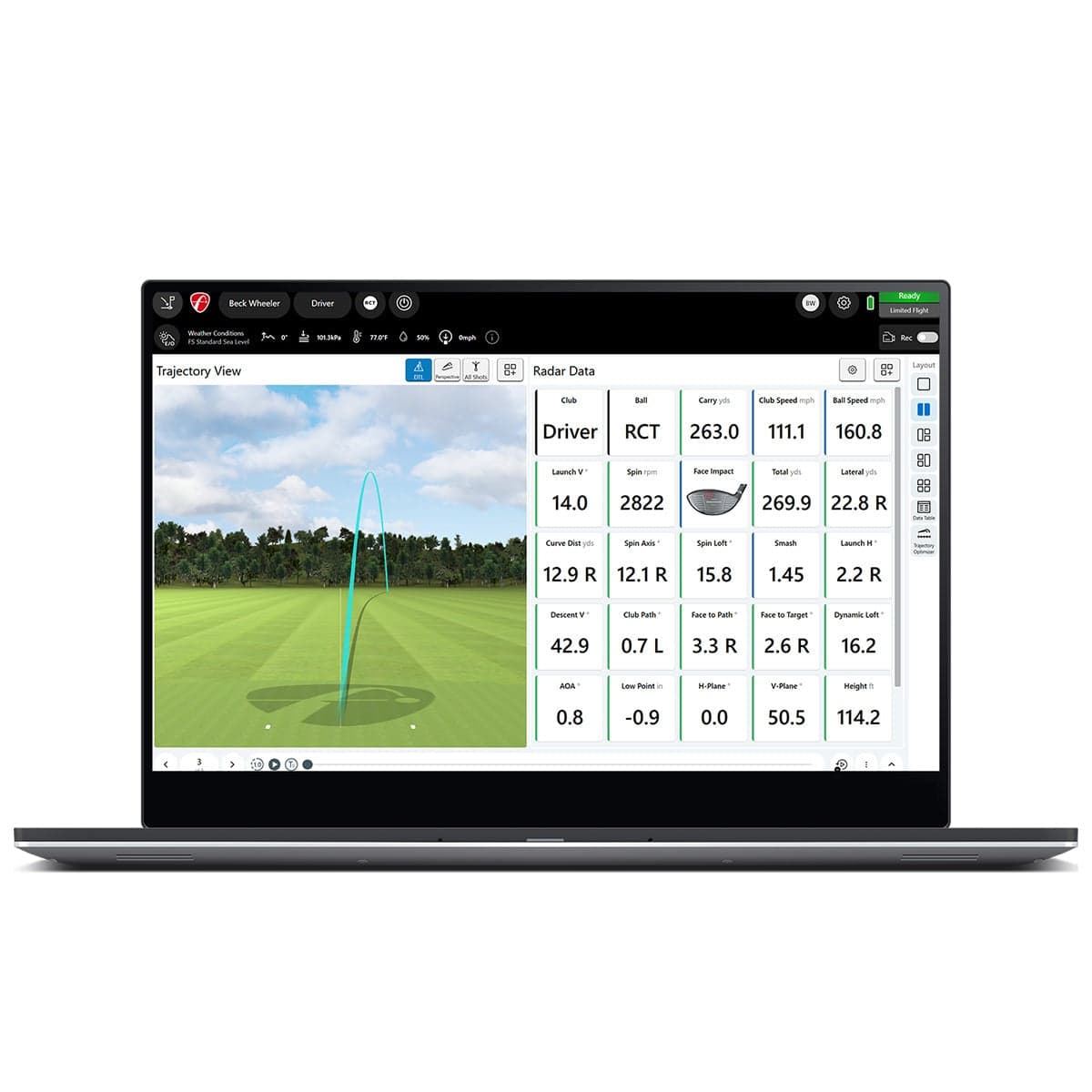 Official FlightScope FS Golf PC software screenshot showing launch-monitor data panels.