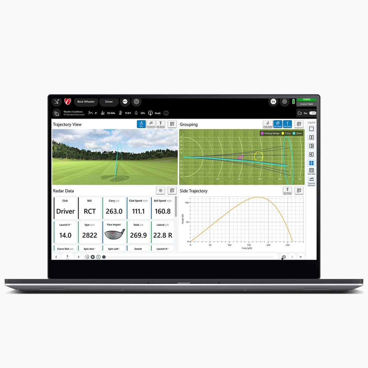 Official FlightScope FS Golf PC software screenshot showing a shot-data table view.