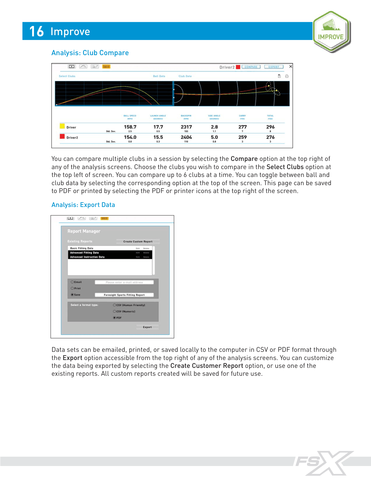 Rendered official FSX manual page explaining Export Data and CSV/PDF options.
