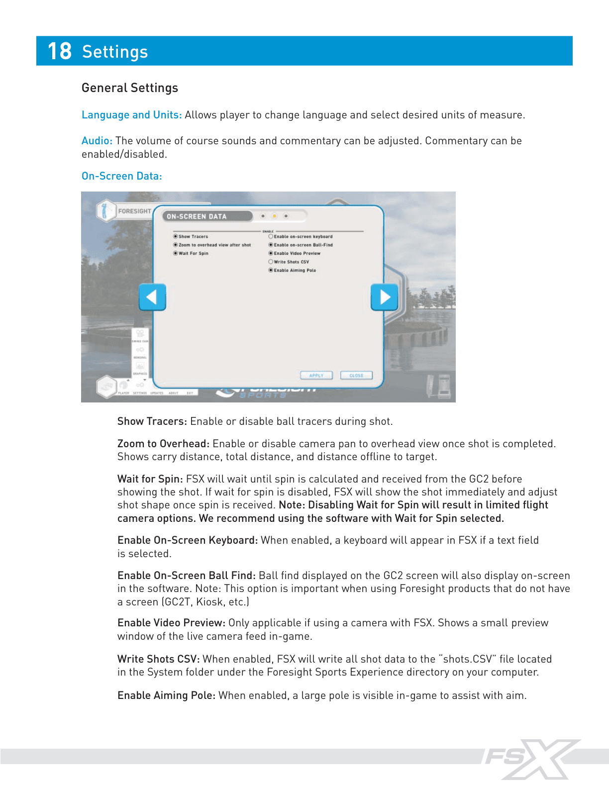 Rendered official FSX manual page showing On-Screen Data and Write Shots CSV setting.
