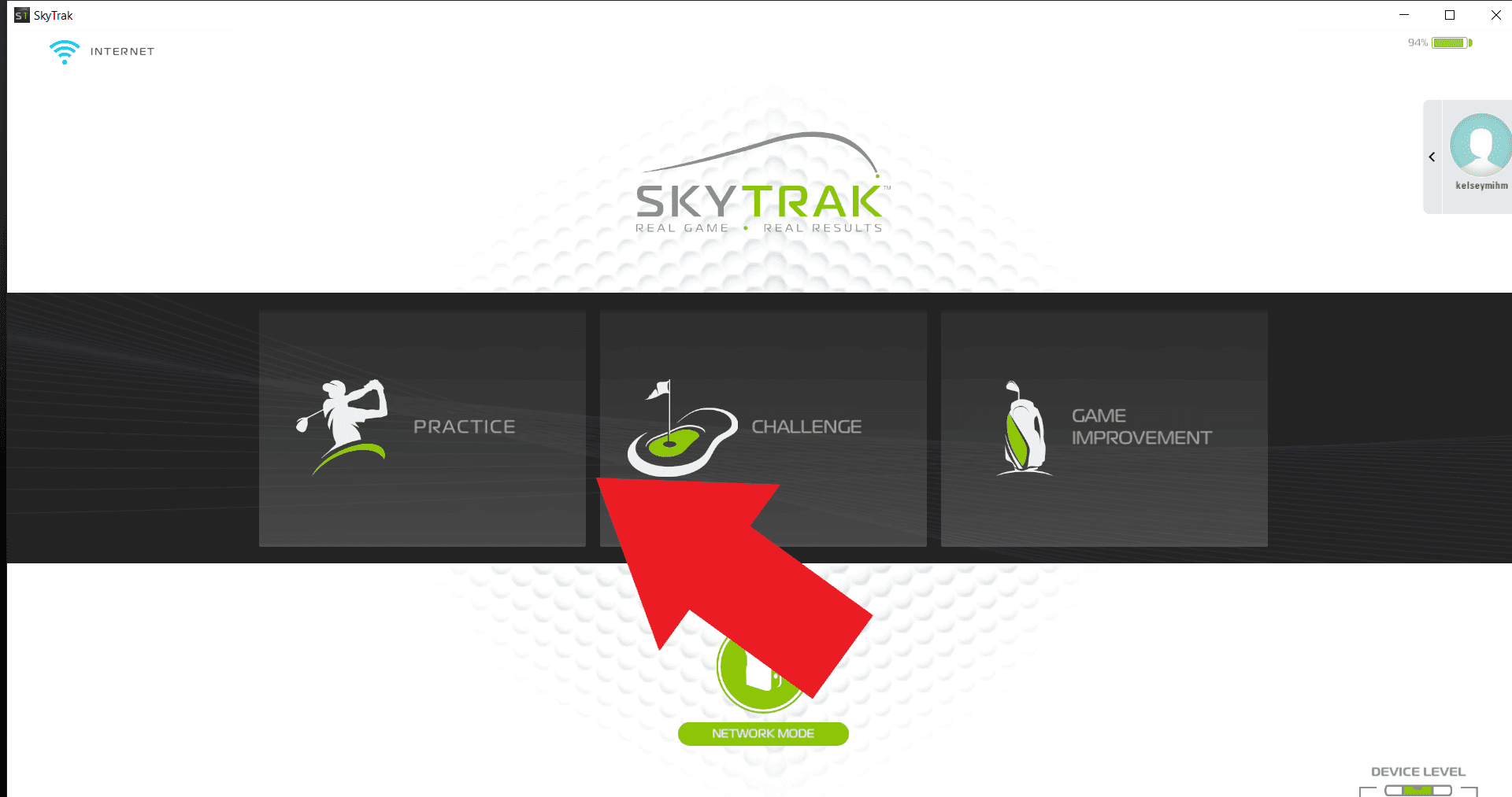 SkyTrak home screen with the Practice tile highlighted by a red arrow.
