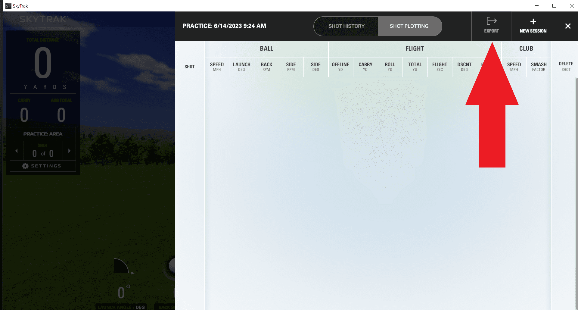 SkyTrak shot history screen with the Export button highlighted by a red arrow.