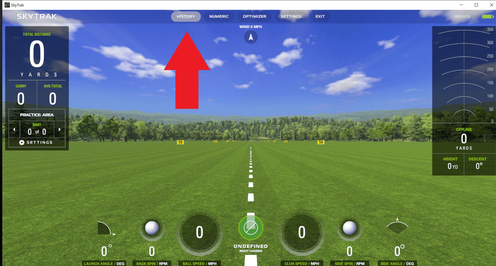 SkyTrak driving range screen with the History button highlighted by a red arrow.