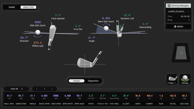 Official Square Golf software screenshot showing driving range analysis data.