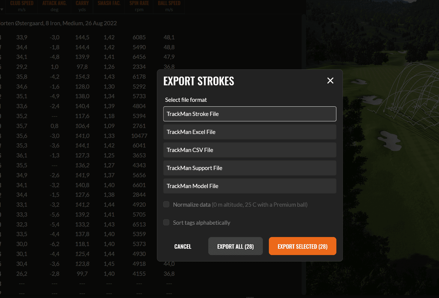TrackMan export strokes dialog showing TrackMan CSV File as an export option.